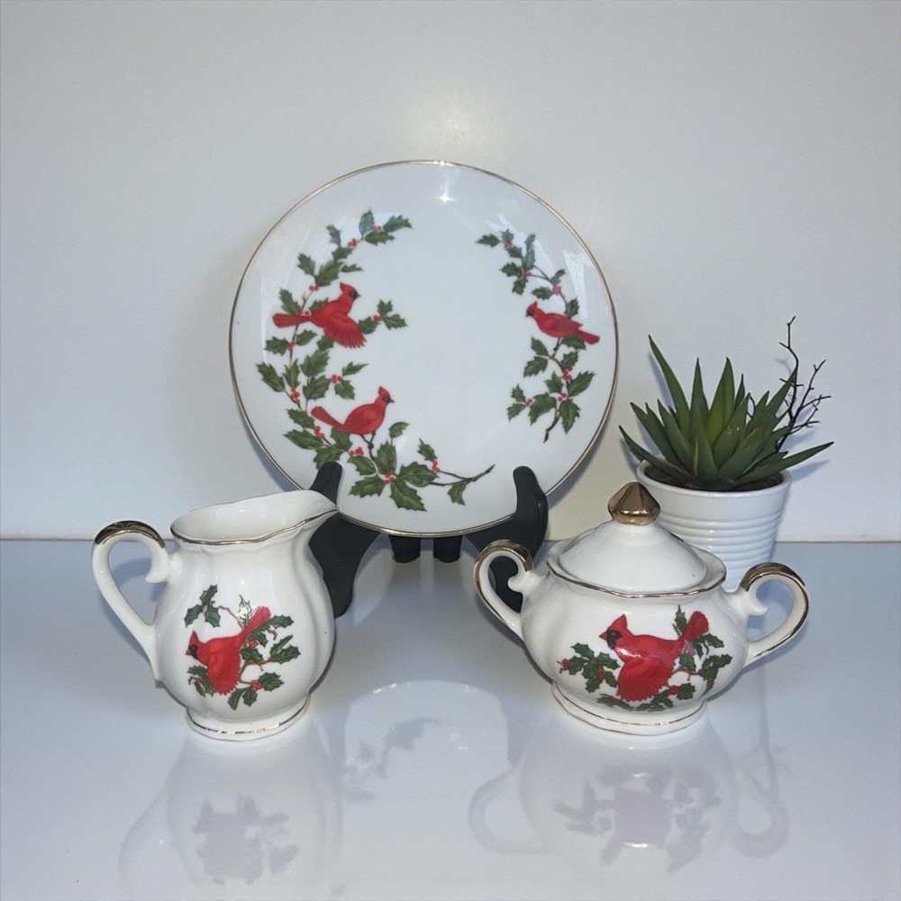 Vintage Lefton China Set Plate Creamer Sugar Bowl Cardinal And Holly Pattern